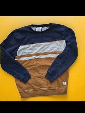 Mbx Striped Colorblock Crewneck Sweater — Navy, Gray & Brown Men's Size Medium